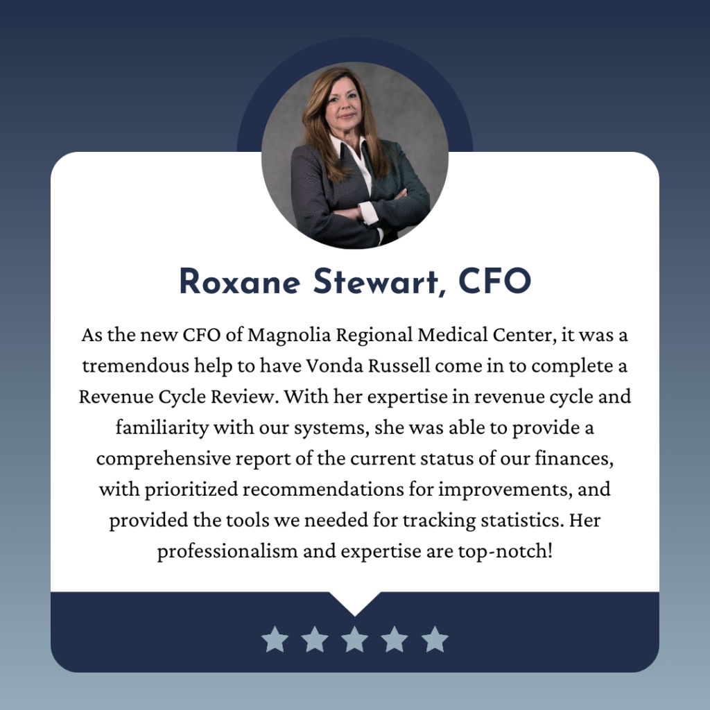 A professional woman in business attire stands with arms crossed above a review for Roxane Stewart, CFO, praising her expertise in revenue cycle and financial management at Magnolia Regional Medical Center. Our Story is subtly featured beside five glowing stars.