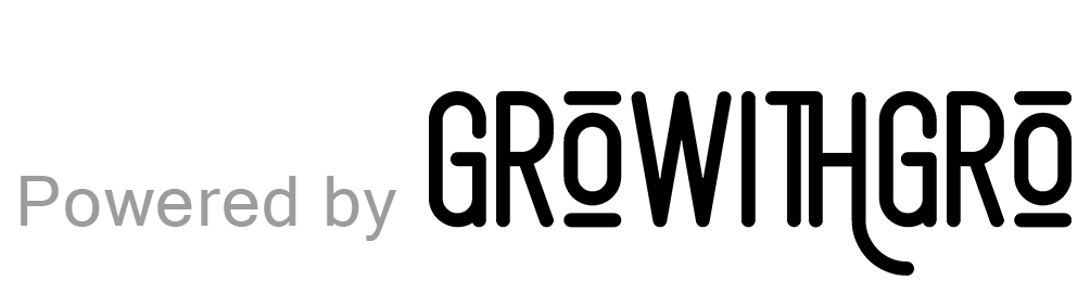 The phrase Powered by in light gray text, followed by the stylized black logo text GROWITHGRO on a white background.